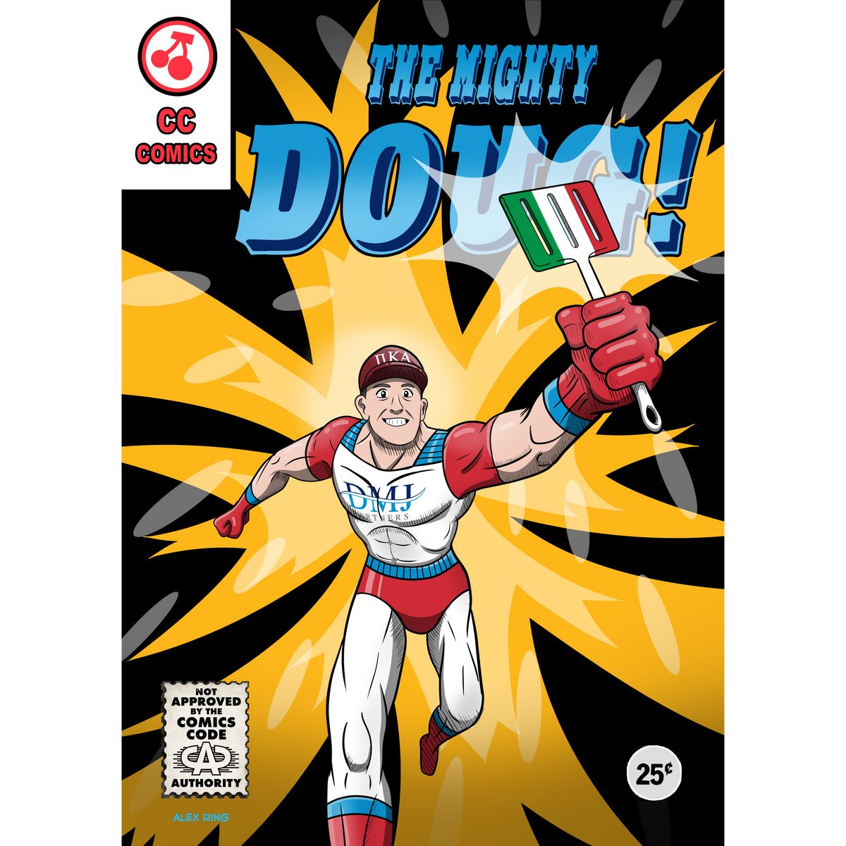 Vintage-style comic book cover for 'The Mighty Doug!' featuring a muscular comic-book hero running forward and holding a spatula with an Italian flag. T
